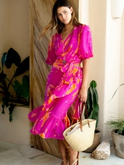 AKSWT100 Magenta Tangerine Silk Tie Dye Camille Wrap Top