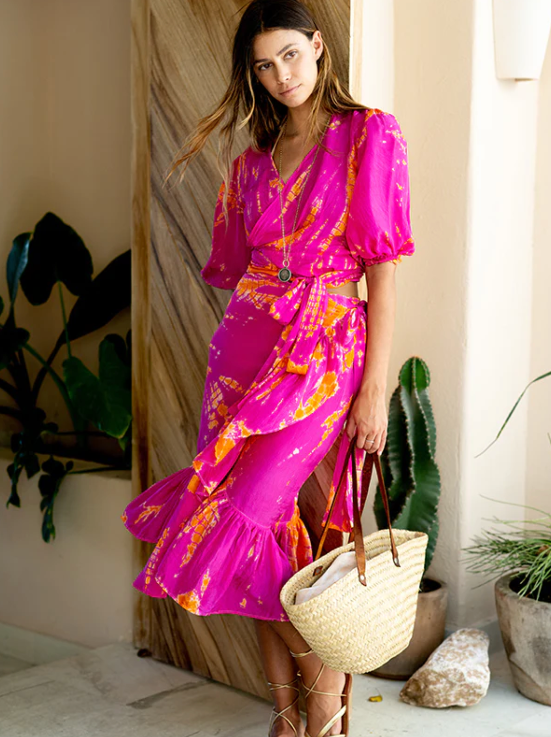 AKSWT100 Magenta Tangerine Silk Tie Dye Camille Wrap Top