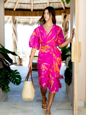 AKSWS104 Magenta Tangerine Silk Tie Dye Rio Midi Wrap Skirt