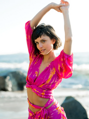 AKSWT100 Magenta Tangerine Silk Tie Dye Camille Wrap Top