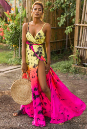 AKSWD3 Astral Neon Silk Tie Dye Slip  Wrap Midi Dress