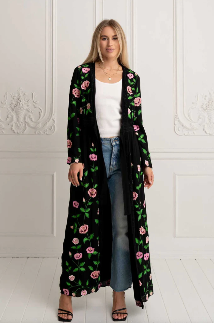 Sweet Roses Kimono Duster Black