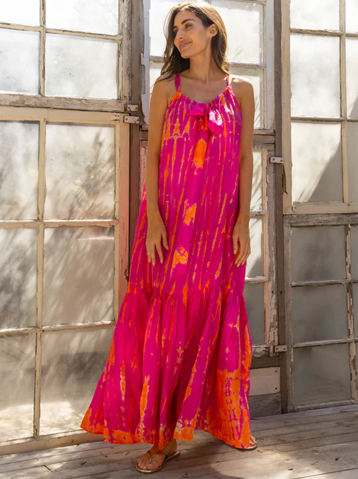AKSD100 Magenta Tangerine Silk Tie Dye Sash Maxi Dress