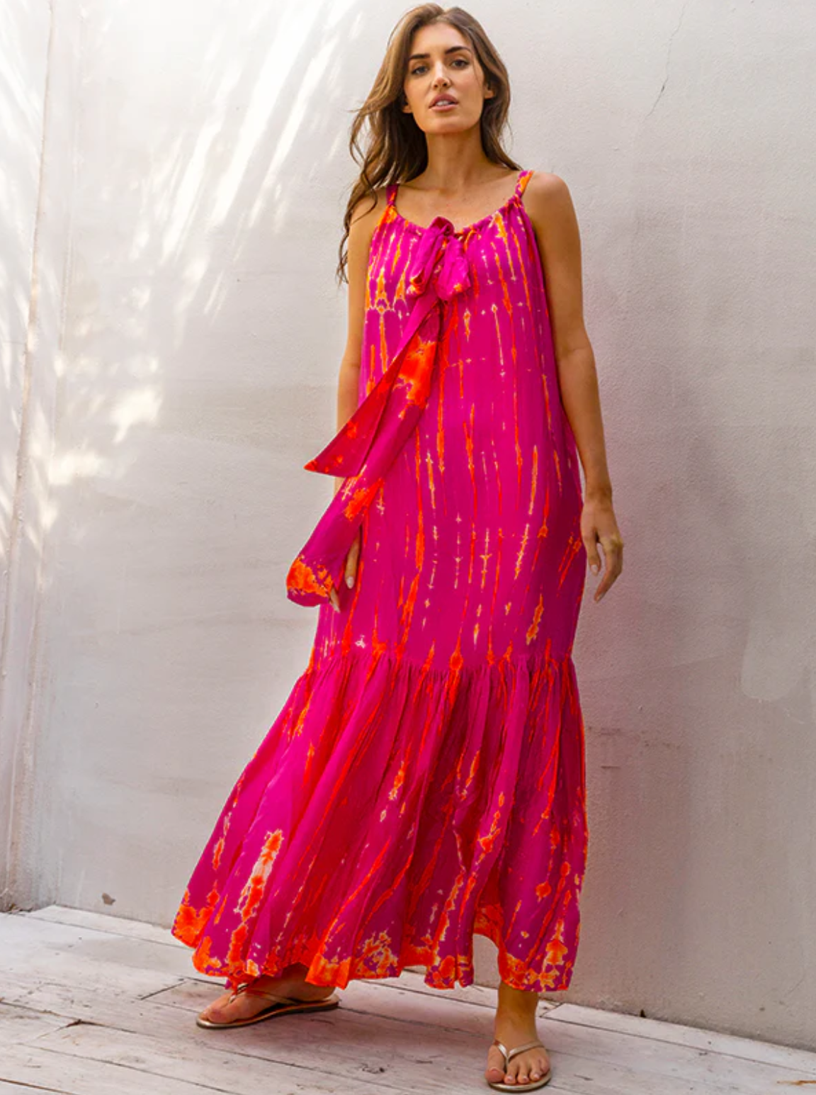 AKSD100 Magenta Tangerine Silk Tie Dye Sash Maxi Dress