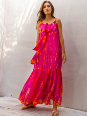 AKSD100 Magenta Tangerine Silk Tie Dye Sash Maxi Dress