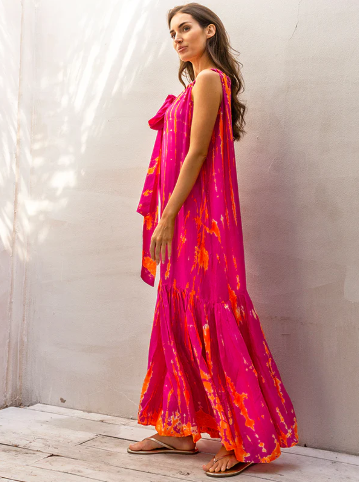 AKSD100 Magenta Tangerine Silk Tie Dye Sash Maxi Dress