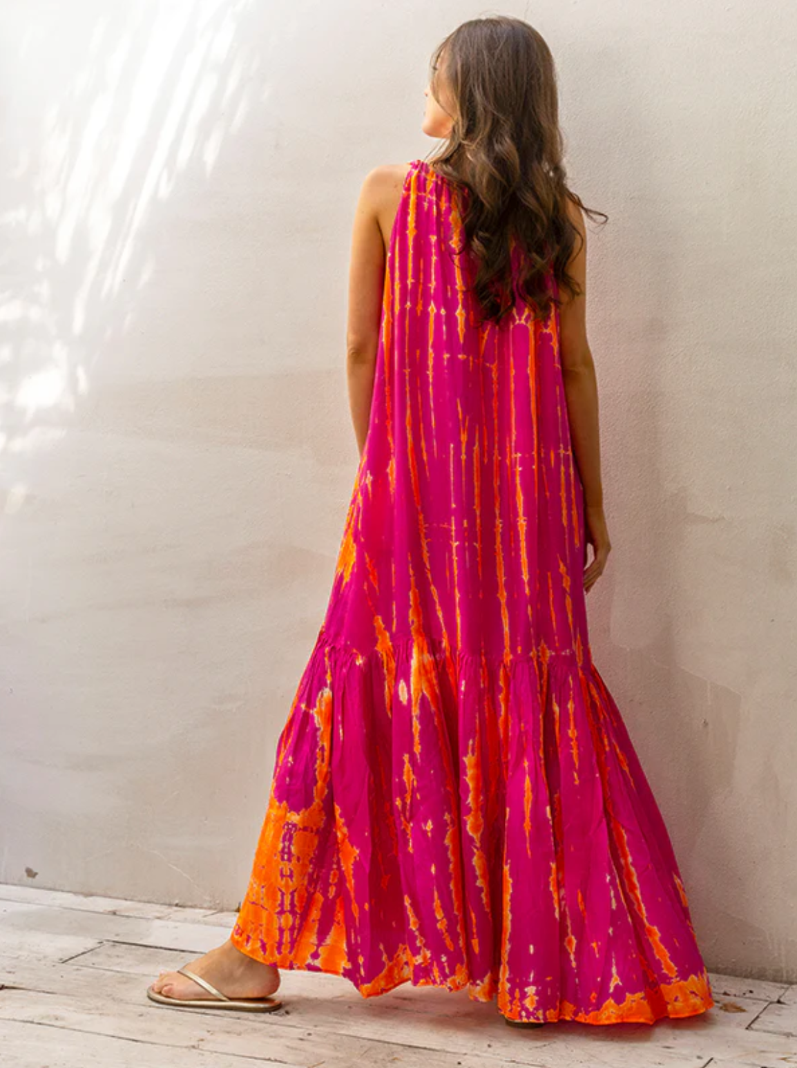 AKSD100 Magenta Tangerine Silk Tie Dye Sash Maxi Dress