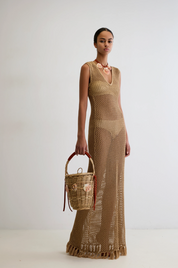 Ivi Gold Crochet Long Dress