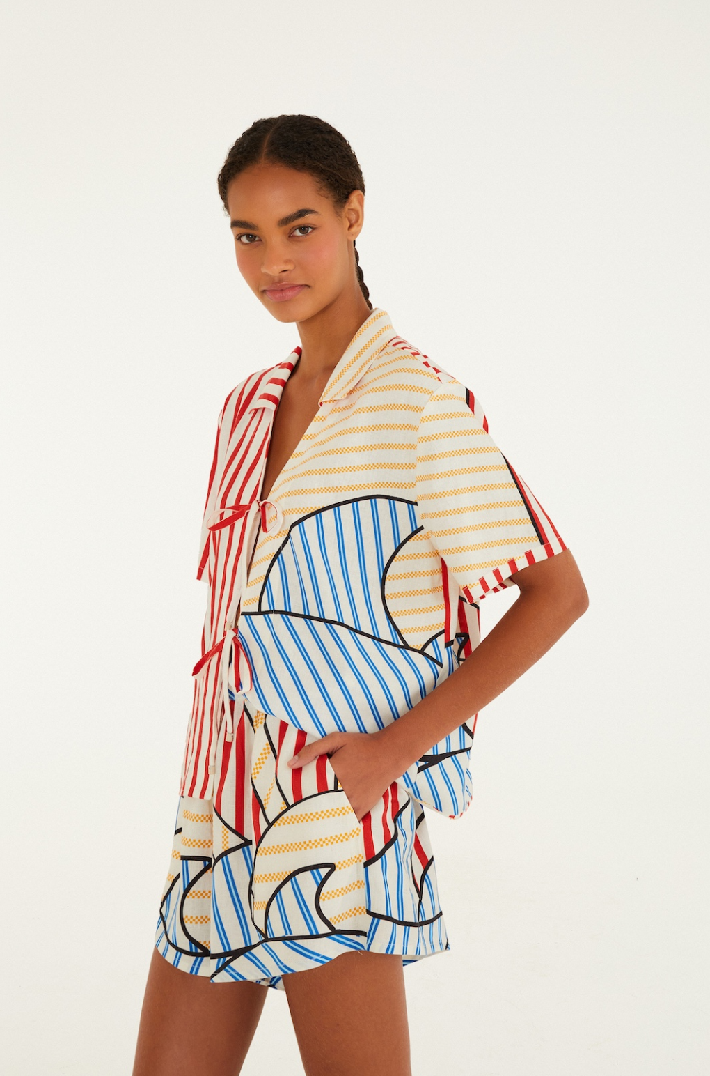 Navi Stripes Off  White Shorts