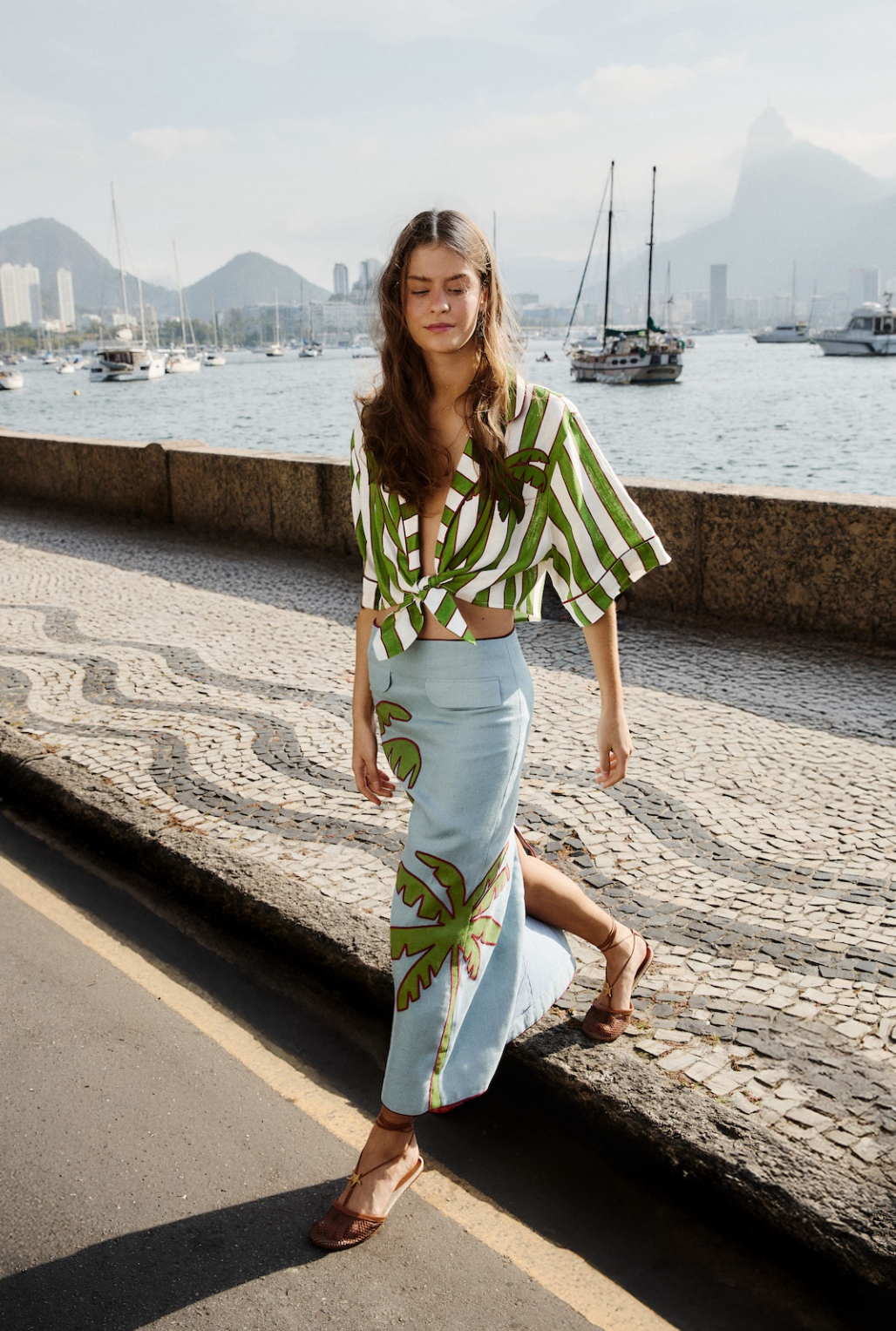 Blue Embroidered Palm Tree Maxi Skirt