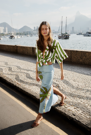 Blue Embroidered Palm Tree Maxi Skirt
