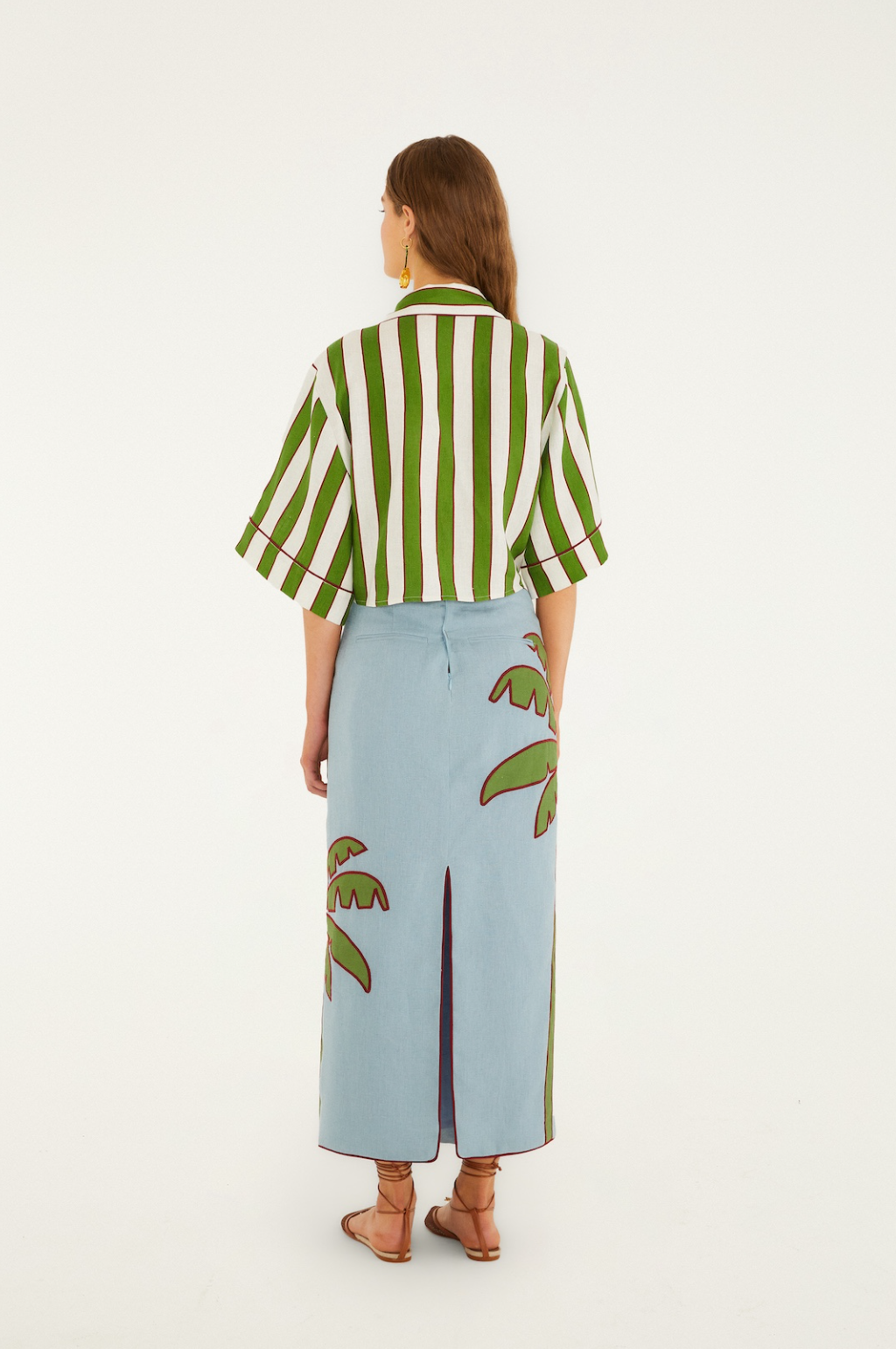 Blue Embroidered Palm Tree Maxi Skirt