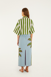 Blue Embroidered Palm Tree Maxi Skirt