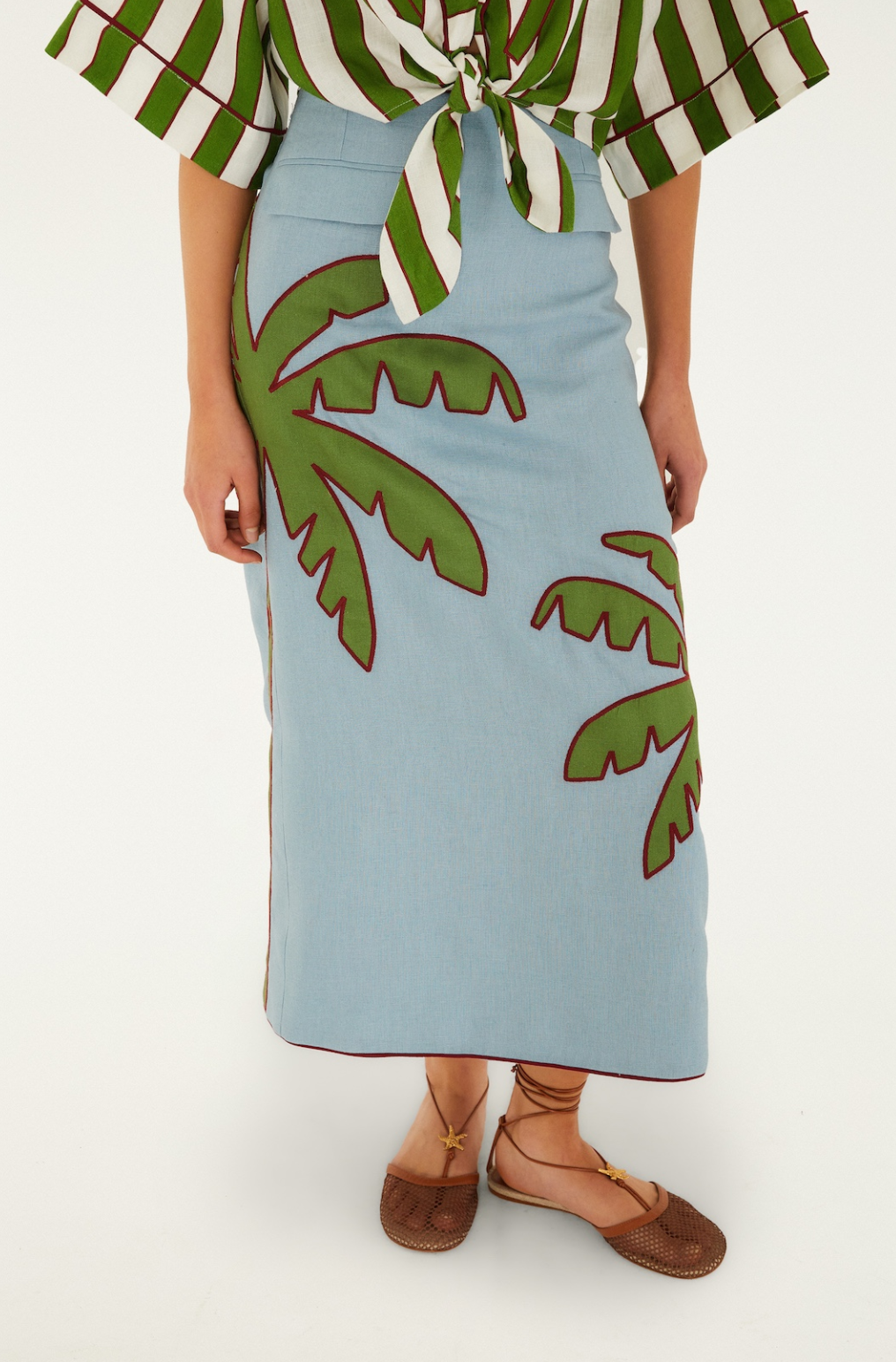 Blue Embroidered Palm Tree Maxi Skirt