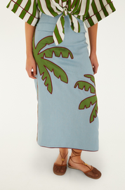 Blue Embroidered Palm Tree Maxi Skirt