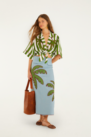 Blue Embroidered Palm Tree Maxi Skirt