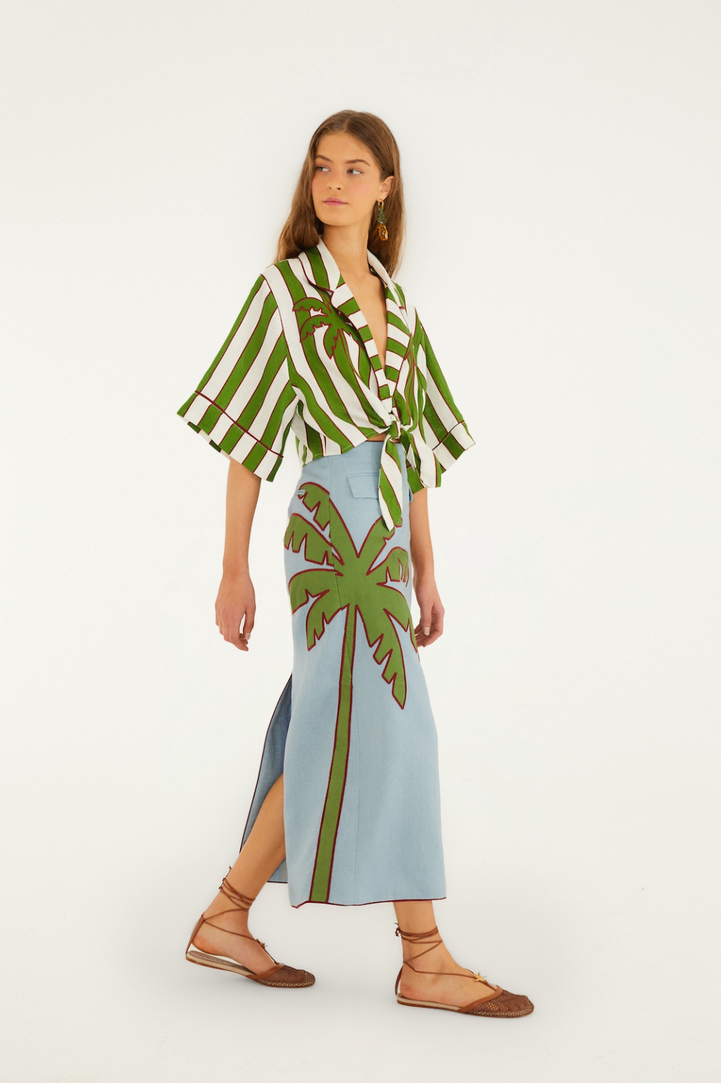 Blue Embroidered Palm Tree Maxi Skirt