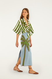Blue Embroidered Palm Tree Maxi Skirt