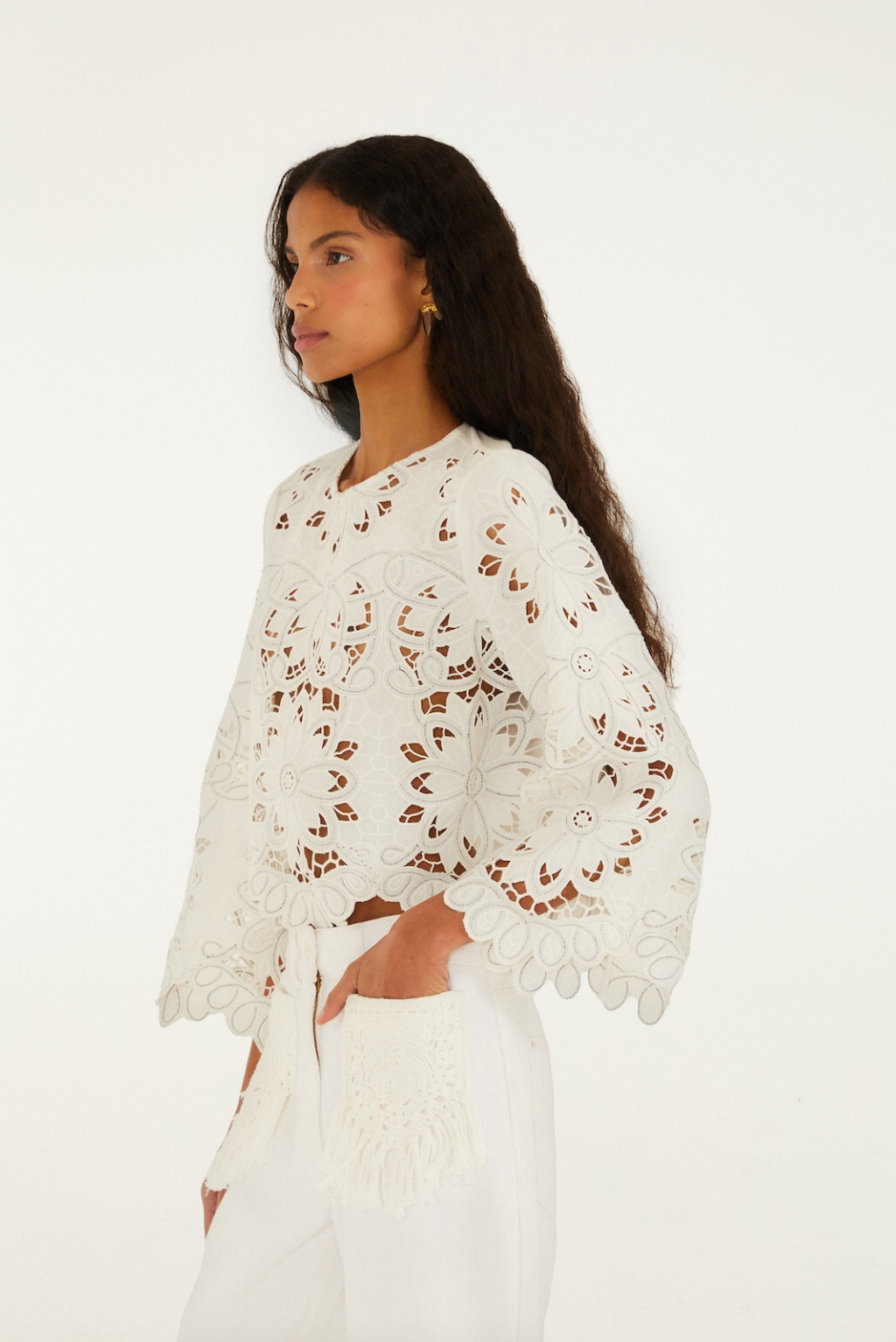 Off White Flowers Richelieur Long Sleeve Blouse