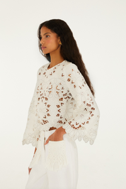 Off White Flowers Richelieur Long Sleeve Blouse