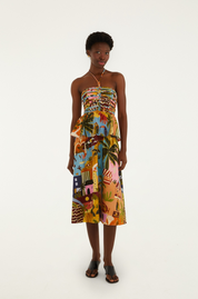 Tropical Painting Multicolor Sleeveless Midi Dress