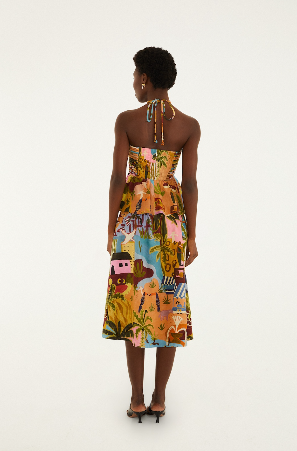 Tropical Painting Multicolor Sleeveless Midi Dress