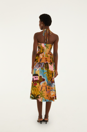 Tropical Painting Multicolor Sleeveless Midi Dress