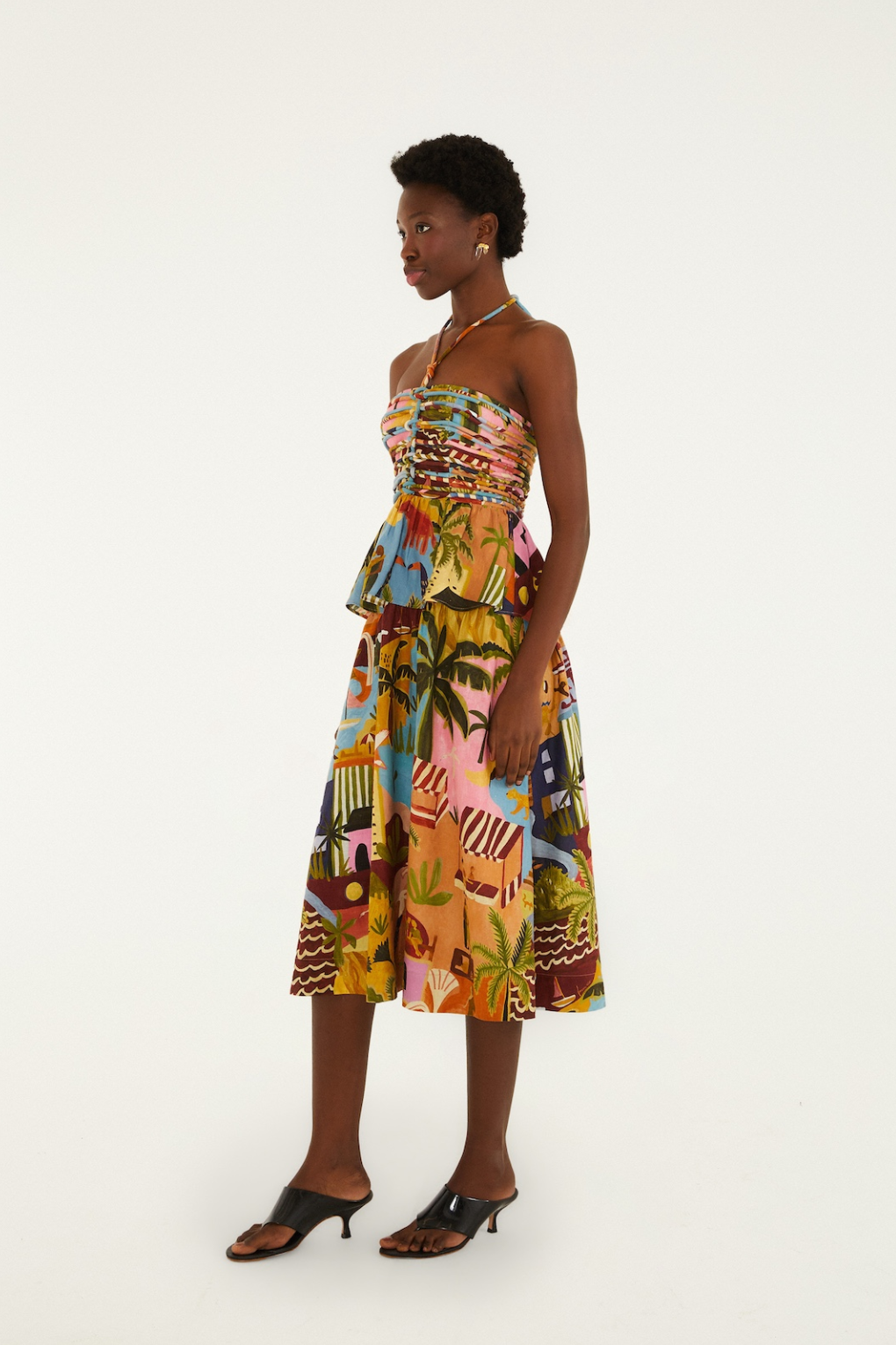 Tropical Painting Multicolor Sleeveless Midi Dress