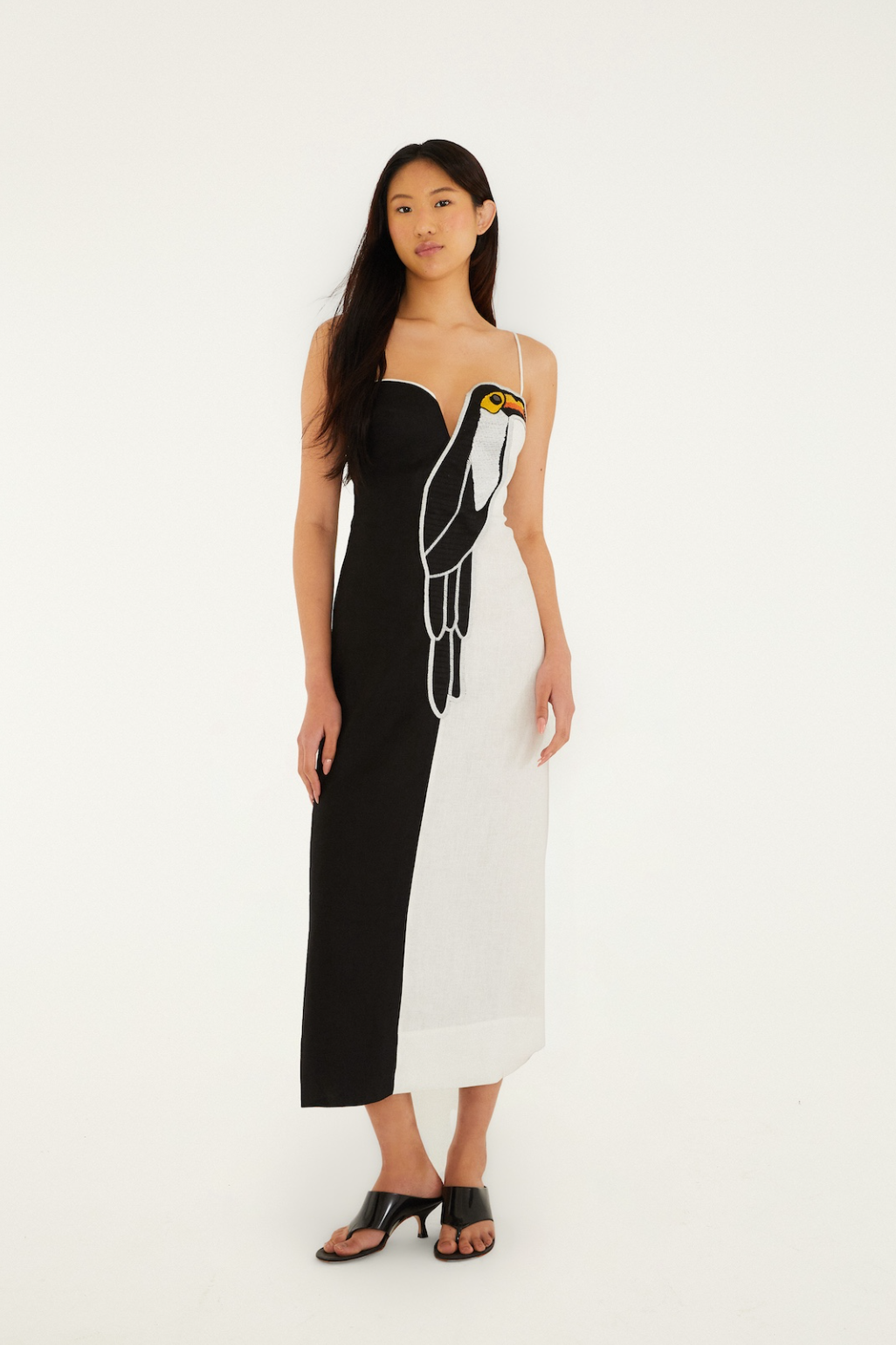 Black and White Embroidered Toucan Sleeveless Maxi Dress