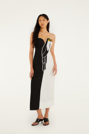 Black and White Embroidered Toucan Sleeveless Maxi Dress