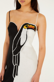 Black and White Embroidered Toucan Sleeveless Maxi Dress