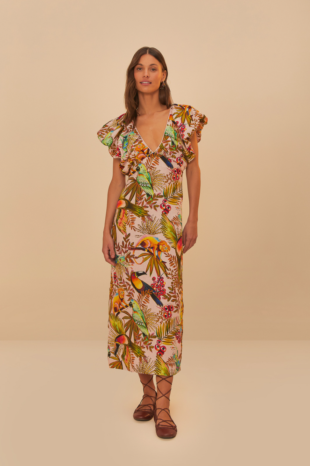 Into The Jungle Pink Sleeveless Midi Dress