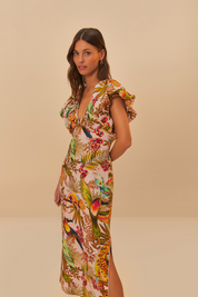 Into The Jungle Pink Sleeveless Midi Dress