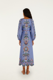 Garden Tapestry Blue Embroidery Long Sleeve Midi Dress