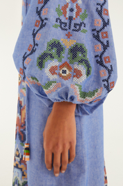 Garden Tapestry Blue Embroidery Long Sleeve Midi Dress