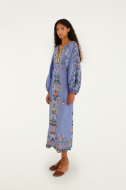Garden Tapestry Blue Embroidery Long Sleeve Midi Dress