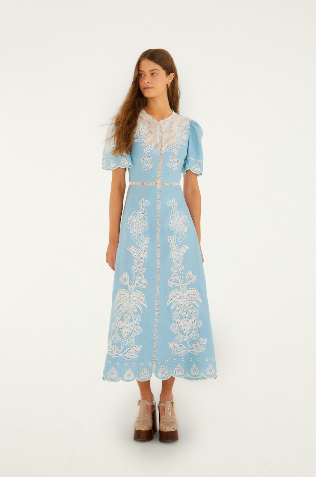 Light Blue Embroidery Short Sleeve Midi Dress