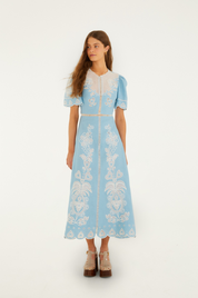 Light Blue Embroidery Short Sleeve Midi Dress