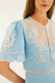 Light Blue Embroidery Short Sleeve Midi Dress