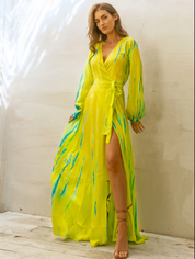 AKSWD1 Neon Yellow Emerald Silk Tie Dye Wrap Maxi Dress