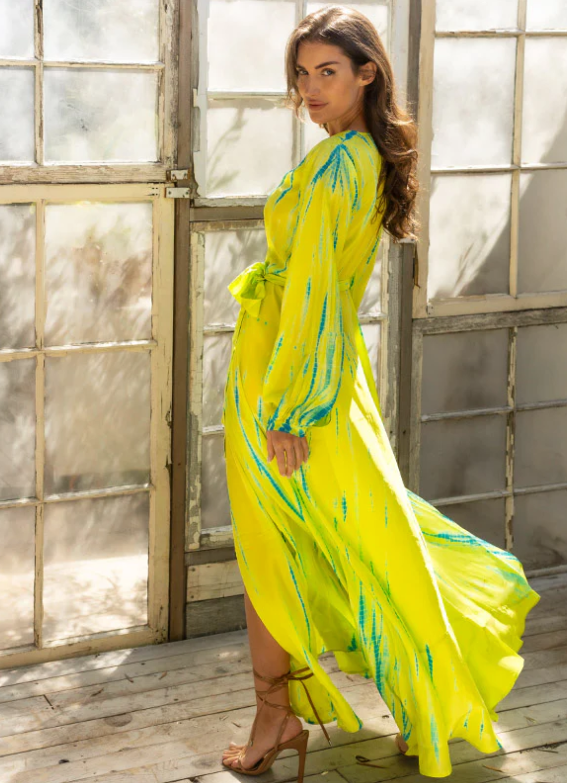 AKSWD1 Neon Yellow Emerald Silk Tie Dye Wrap Maxi Dress