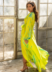 AKSWD1 Neon Yellow Emerald Silk Tie Dye Wrap Maxi Dress