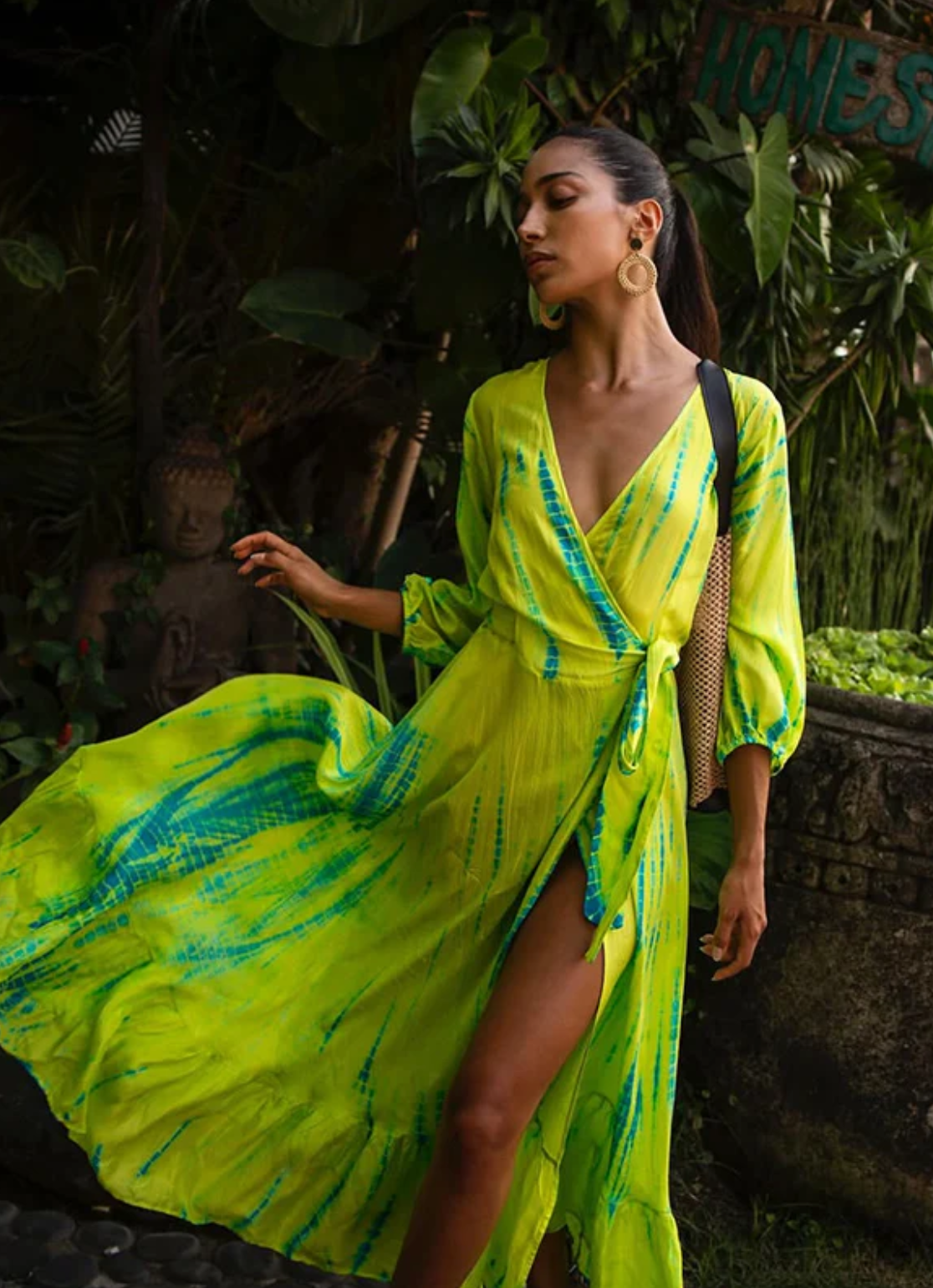 AKSWD58 Chartreuse Emerald Silk Tie Dye Puffy Sleeve Wrap Midi Dress