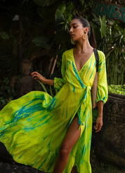 AKSWD58 Chartreuse Emerald Silk Tie Dye Puffy Sleeve Wrap Midi Dress