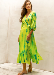 AKSWD58 Chartreuse Emerald Silk Tie Dye Puffy Sleeve Wrap Midi Dress
