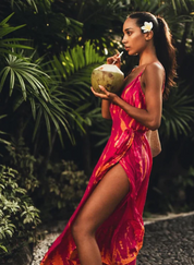 AKSD56 Magenta Tangerine Silk Tie Dye Slip Wrap Midi Dress