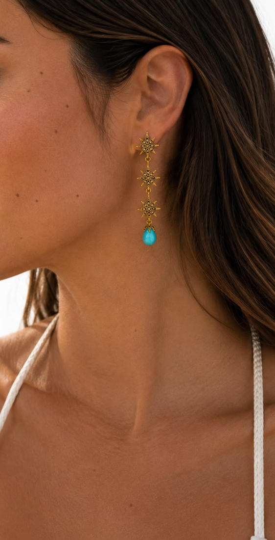 Tripple Polaris Gold Drop Turquesa Earrings