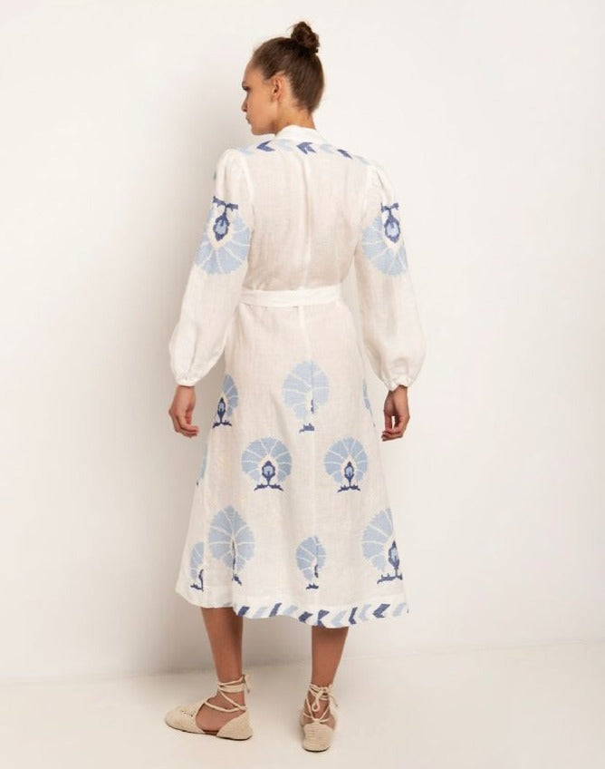 Belted Long Peacock Dress White/Blue 230063