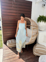 2133129 Ciel Gold Feather Cross Long Dress