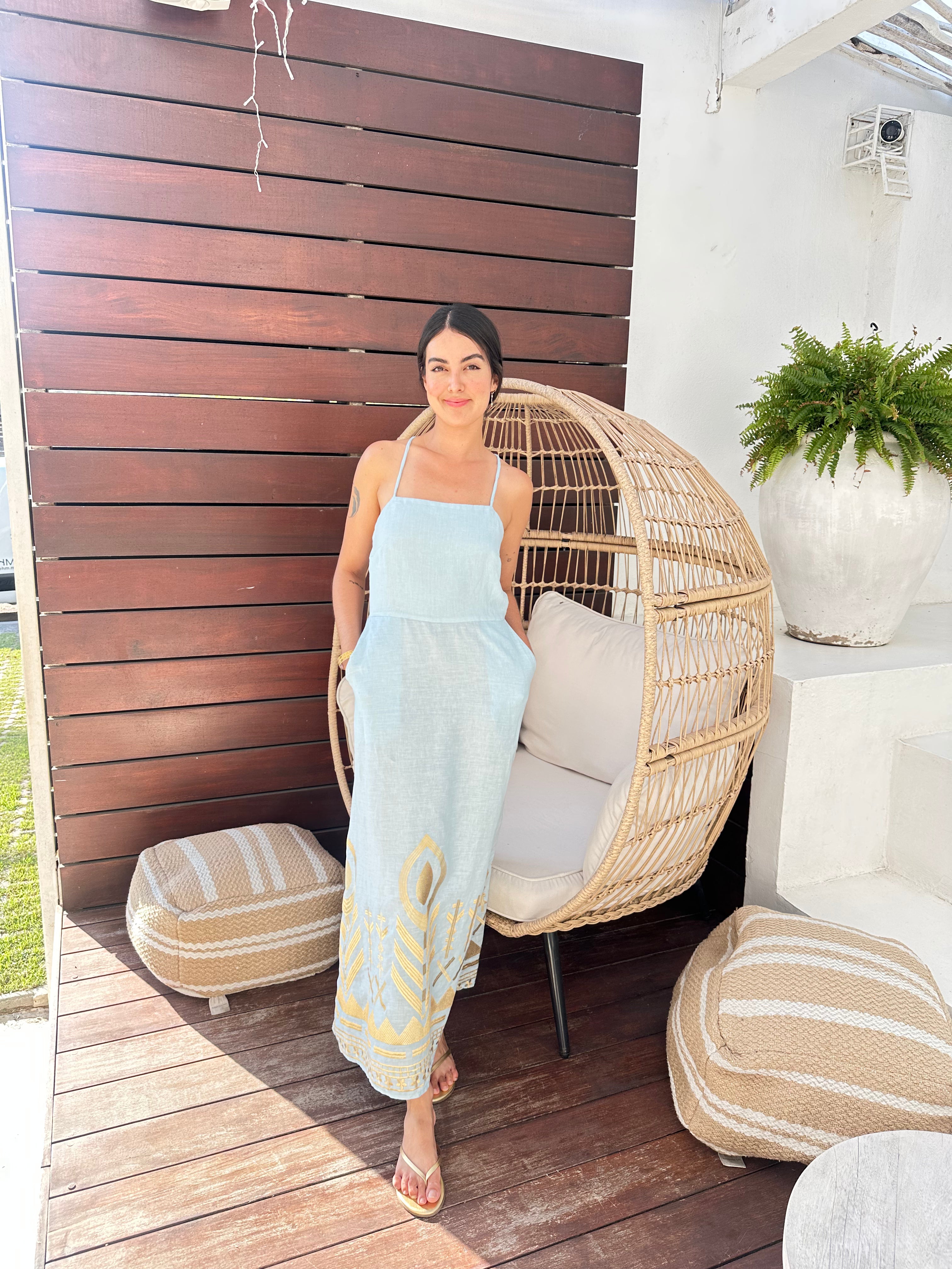 2133129 Ciel Gold Feather Cross Long Dress